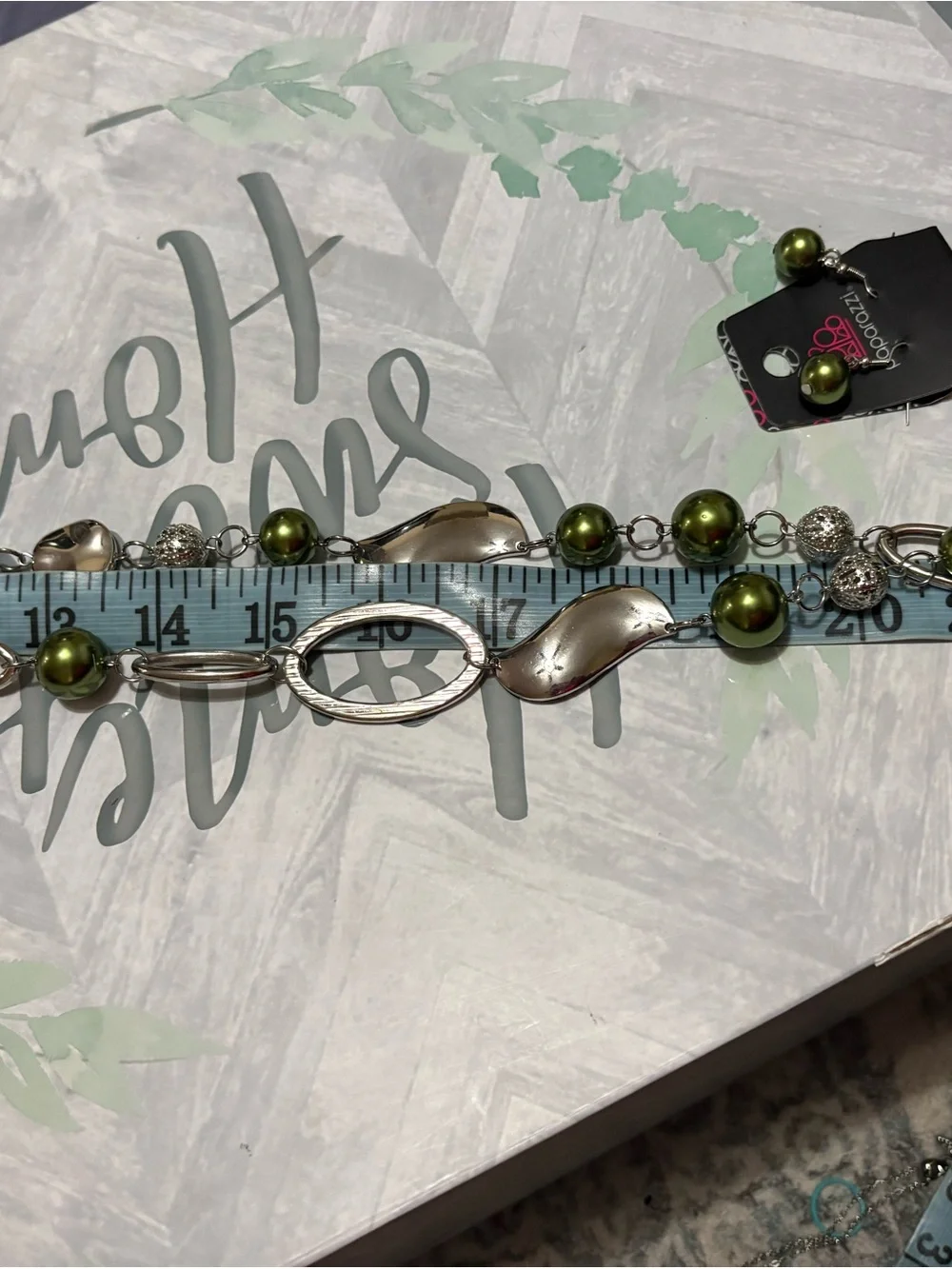 Paparazzi Green Pearl & Silver Link Statement Necklace & Earrings Set